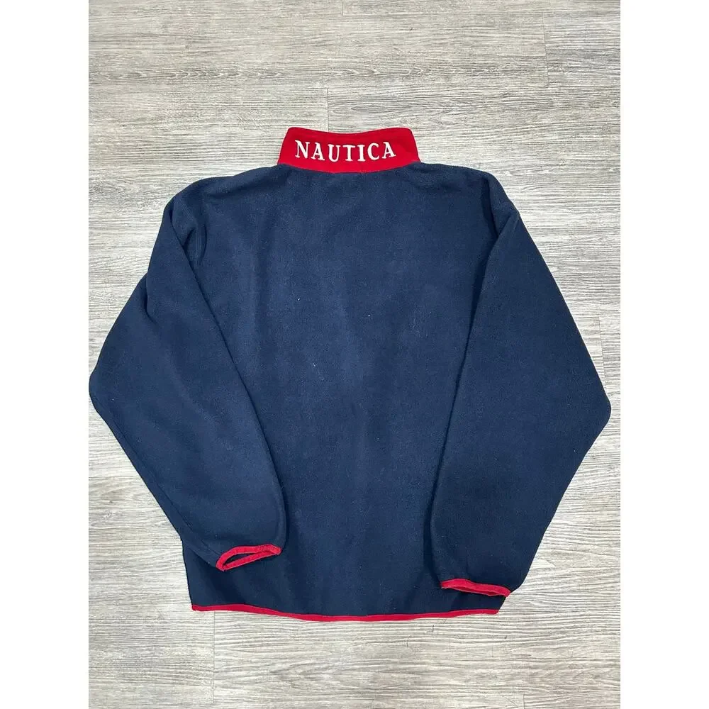 Vintage Nautica Fleece Pullover Mens XXL 1/4 Zip Back Collar Spellout Navy Red